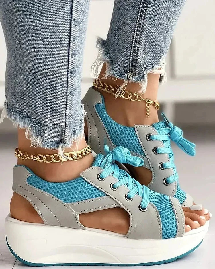 Contrast Paneled Cutout Lace-up Muffin Sandals