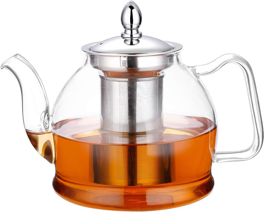 Théière en verre 1000 ml à feuilles mobiles et en fleurs avec infuseur amovible