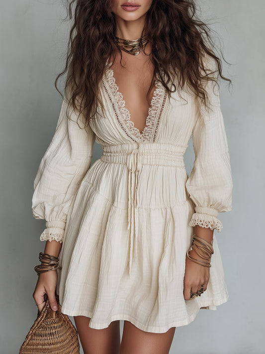 Boho Shirred-Waist Mini Dress With Lace Trim