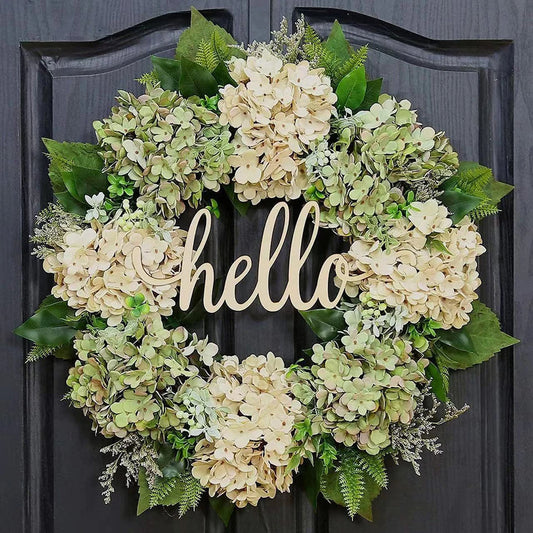 Couronne d'hortensia verte avec signe Bonjour