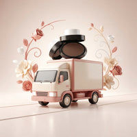 Stylized delivery truck icon next to an eyebrow stamp kit on a cream and rose colored background.