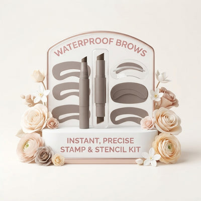 A professional badge graphic featuring the Waterproof Eyebrow Stamp Stencil Kit surrounded by soft rose and cream floral acce