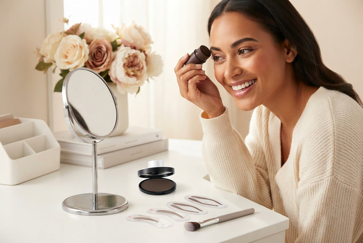 A woman using an eyebrow stamp tool in a bright, modern room decorated with rose and cream accents.