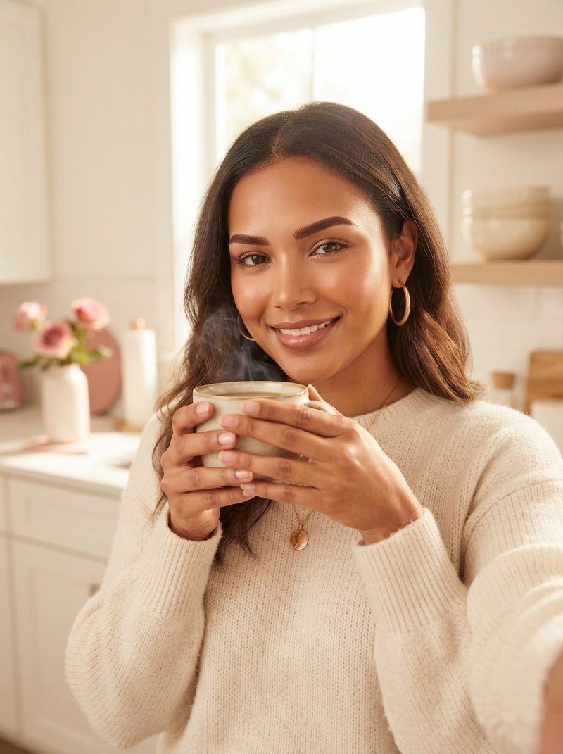 A candid morning selfie of a woman with perfectly defined, symmetrical eyebrows holding a coffee mug in a sunlit kitchen.
