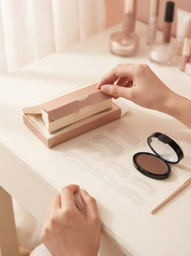 A person unboxing a set of ten eyebrow stencils on a clean vanity surface under soft natural lighting.