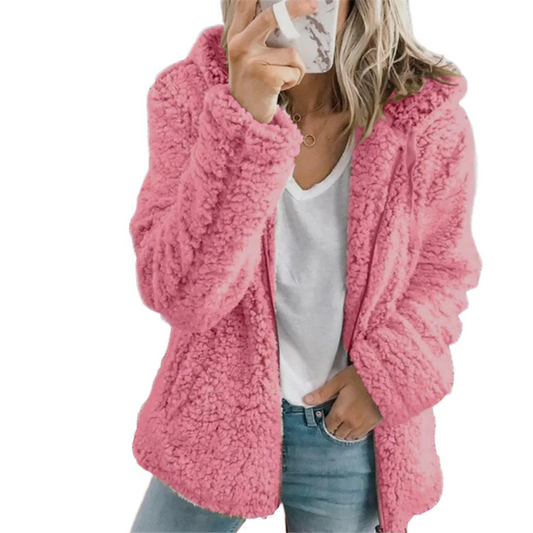 Eleganter Bären-Teddyfellmantel: Weicher Fleecemantel mit Taschen und Reißverschluss