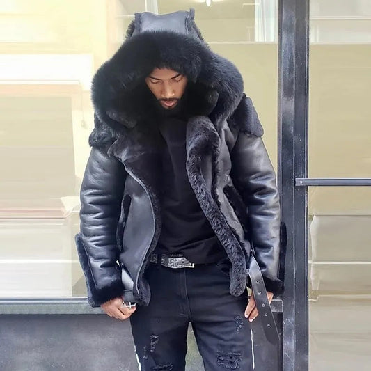 Chaqueta de piel de oveja | Chaquetas de moto con capucha de piel de invierno para hombre