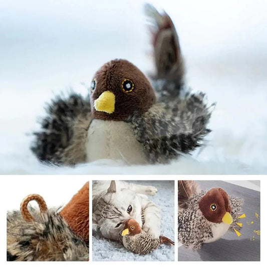 Juguete interactivo para gatos con forma de pájaro y sonido, diversión con plumas aleteantes para gatos de interior