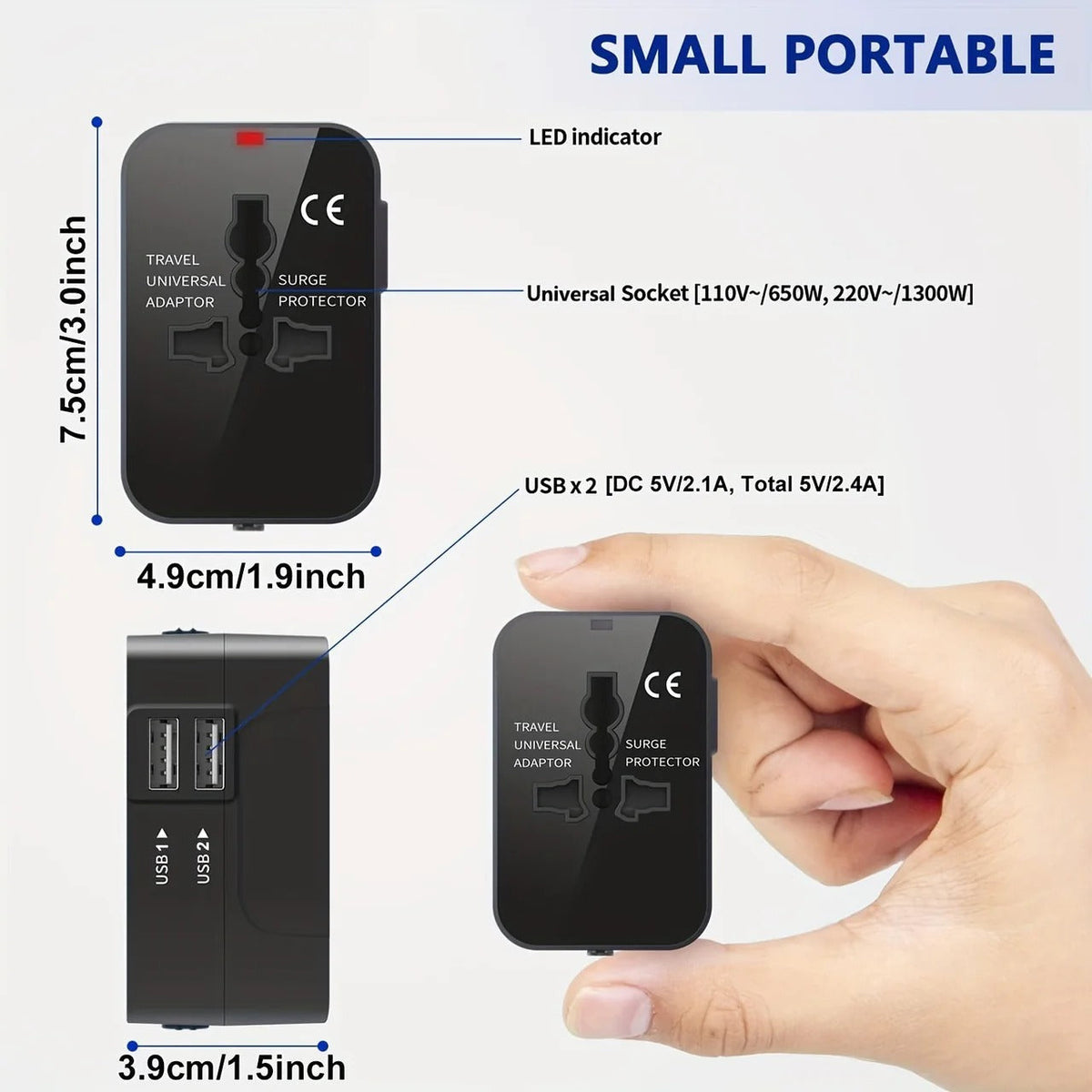 Adaptateur de voyage mondial avec deux ports de chargement USB