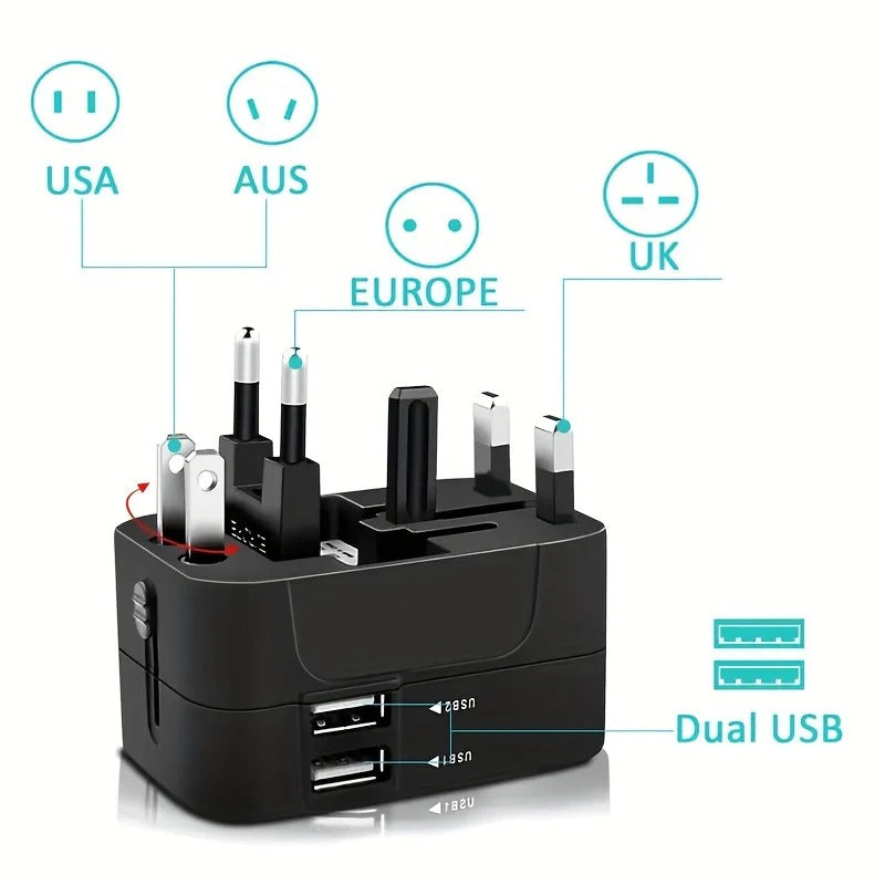 Adaptateur de voyage mondial avec deux ports de chargement USB