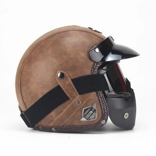 Casco de motocicleta retro vintage de cara abierta con máscara de gafas