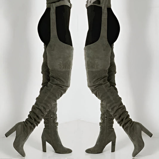 Women Faux Suede Thigh High Waist Belt Chunky High Heel Slouch Boots | Over The Knee Waist Belted Boots